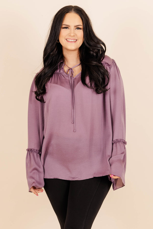 Chic Soul plus size clothing, mauve purple silky blouse with tie at neckline and flowy sleeves
