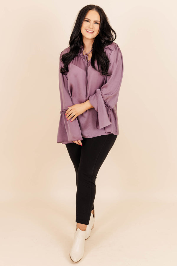 Chic Soul plus size clothing, mauve purple silky blouse with tie at neckline and flowy sleeves