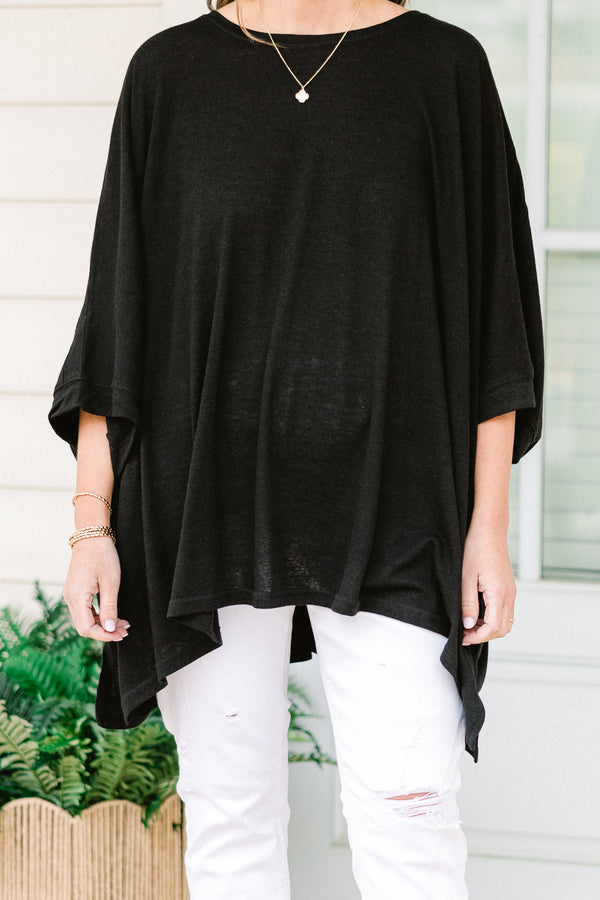 Chic Soul plus size clothing, half-sleeve black solid flowy tunic with a high-low hemline and a high-scoop-neckline