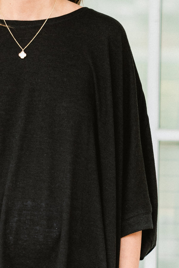 Chic Soul plus size clothing, half-sleeve black solid flowy tunic with a high-low hemline and a high-scoop-neckline