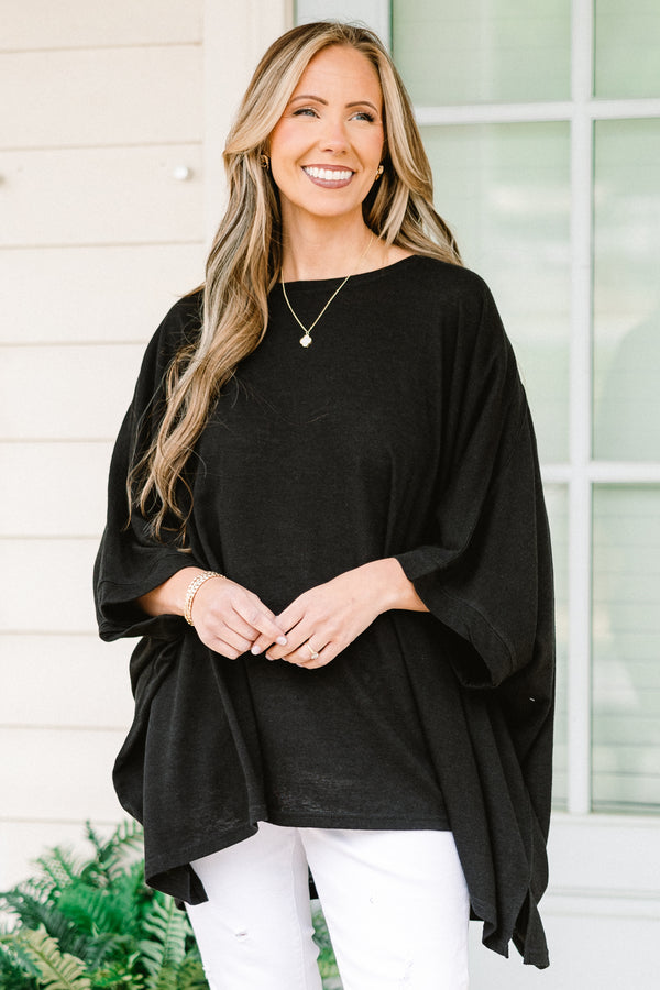 Chic Soul plus size clothing, half-sleeve black solid flowy tunic with a high-low hemline and a high-scoop-neckline