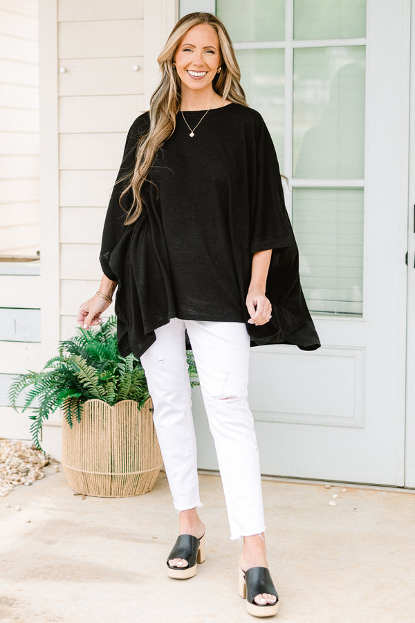 Chic Soul plus size clothing, half-sleeve black solid flowy tunic with a high-low hemline and a high-scoop-neckline