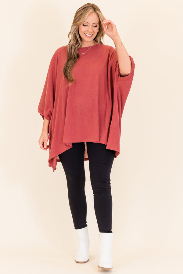 Chic Soul plus size clothing, short sleeve burgundy flowy tunic with cuff sleeves with asymmetrical bottom