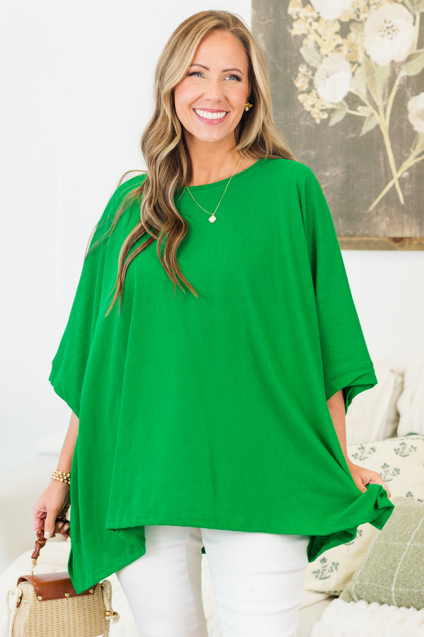 Chic Soul plus size clothing, kelly green short sleeve flowy plain top with round neckline with slits on sides