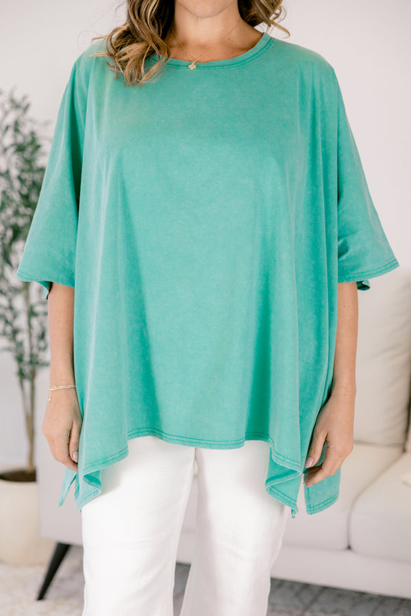 Chic Soul plus size clothing, turquoise flowy tunic with a high neck and short sleeves 
