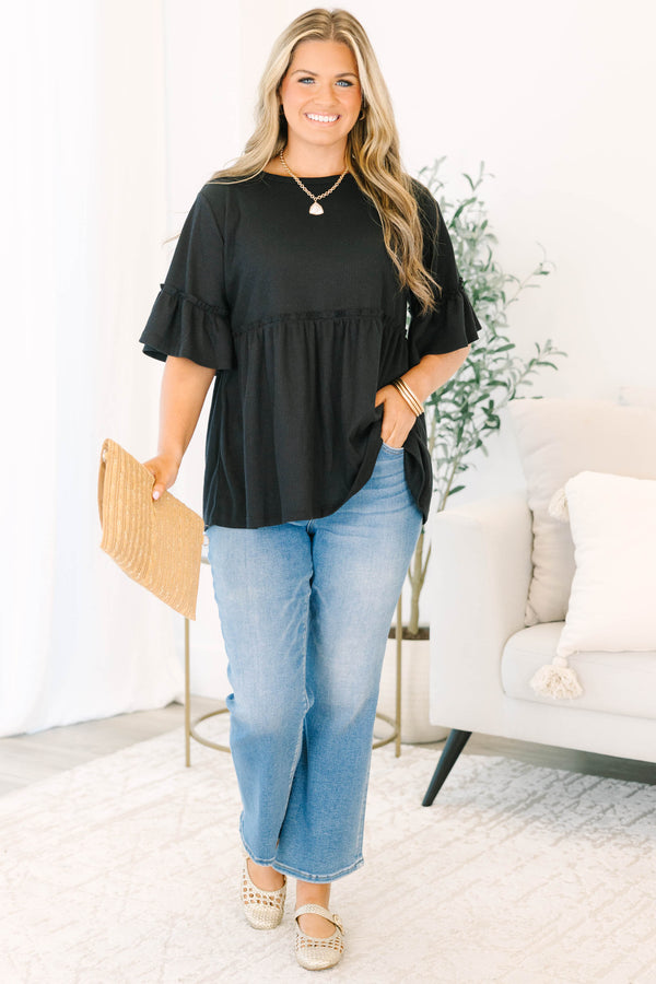 Chic Soul plus size clothing, short-sleeve black ruffled baby doll tunic with a high-scoop-neckline 