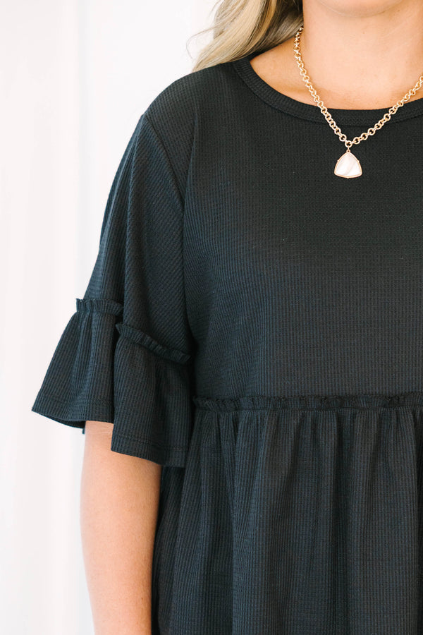 Chic Soul plus size clothing, short-sleeve black ruffled baby doll tunic with a high-scoop-neckline 