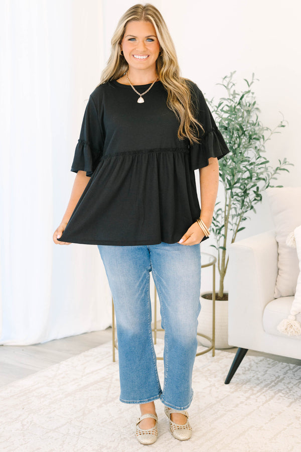 Chic Soul plus size clothing, short-sleeve black ruffled baby doll tunic with a high-scoop-neckline 