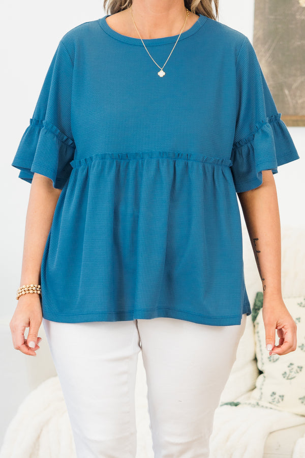 Chic Soul plus size clothing, blue short sleeve babydoll top with ruffle detail along sleeves and bottom with round neckline