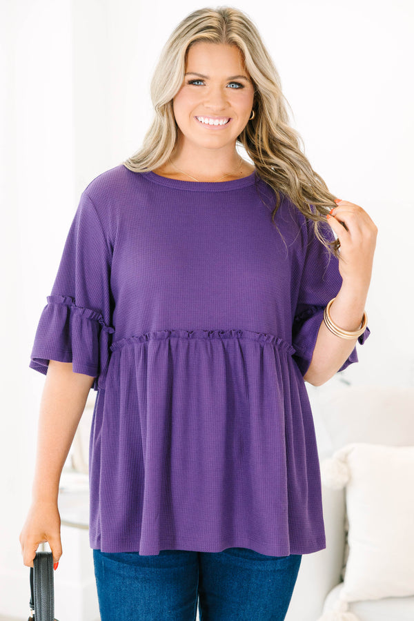 Chic Soul plus size clothing, eggplant purple short sleeve babydoll tunic with ruffle sleeve