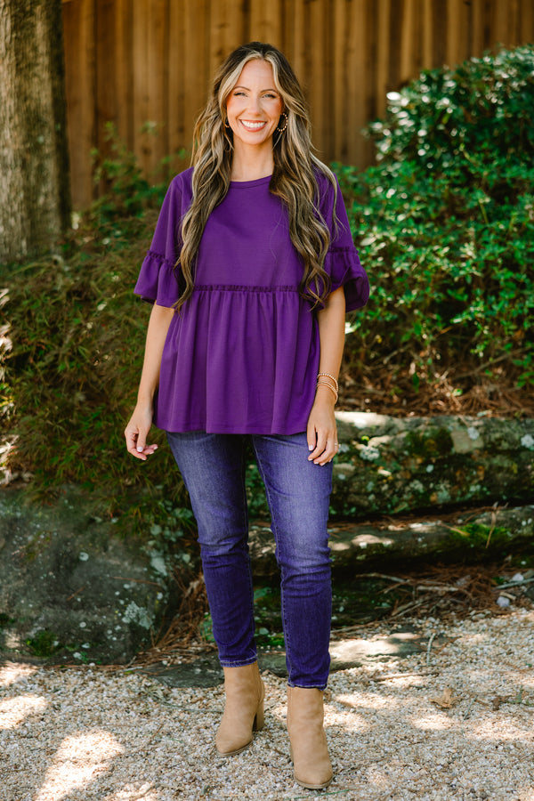 Chic Soul plus size clothing, eggplant purple short sleeve babydoll tunic with ruffle sleeve