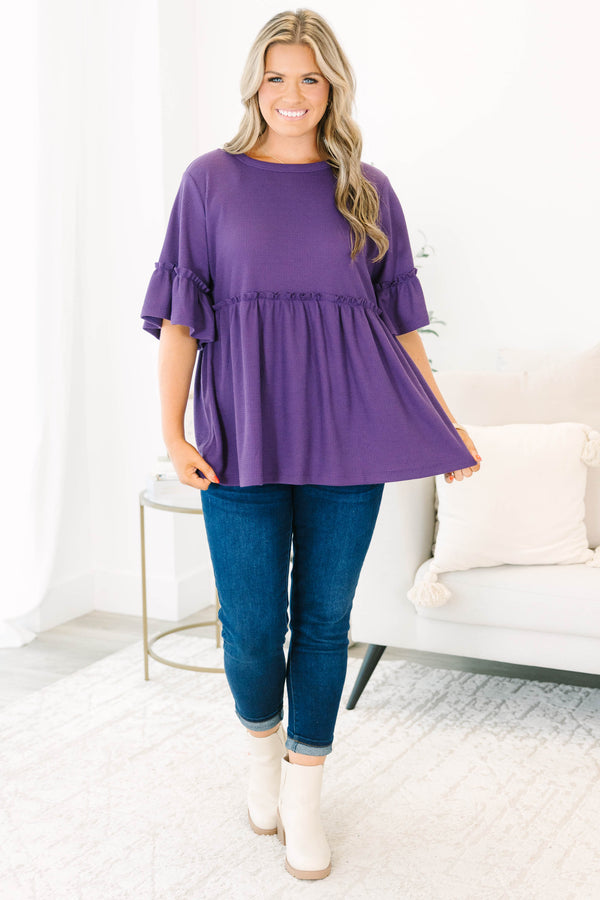 Chic Soul plus size clothing, eggplant purple short sleeve babydoll tunic with ruffle sleeve