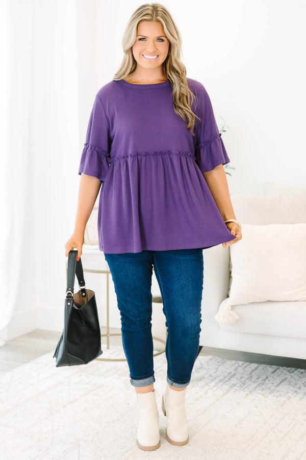 Chic Soul plus size clothing, eggplant purple short sleeve babydoll tunic with ruffle sleeve