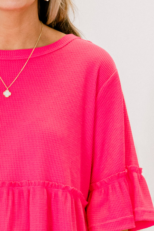 Chic Soul plus size clothing, hot pink tunic with short sleeves that have a ruffle detail at each end of the sleeve 