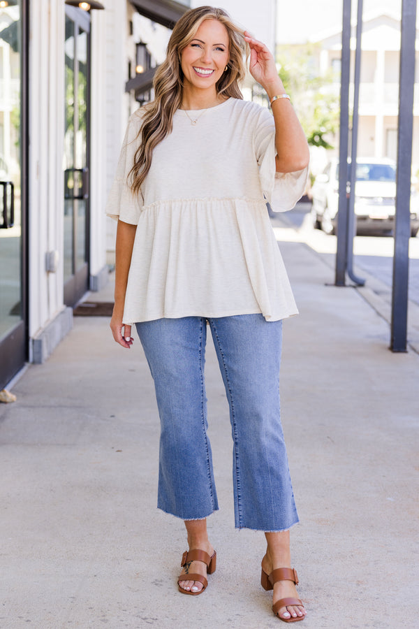 Chic Soul plus size clothing, short sleeve oatmeal babydoll top with round neckline and ruffle detail on sleeves with ruffle detail on bottom of top