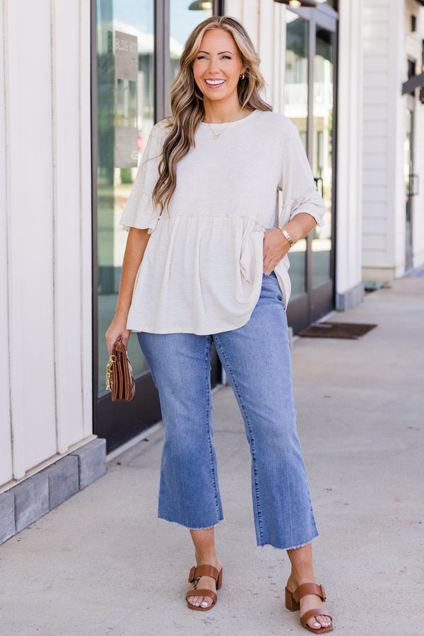 Chic Soul plus size clothing, short sleeve oatmeal babydoll top with round neckline and ruffle detail on sleeves with ruffle detail on bottom of top