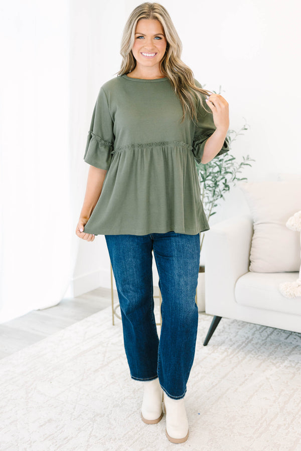 Chic Soul plus size clothing, Olive baby doll top that has short sleeves and small ruffling across the chest and on top of the sleeves 