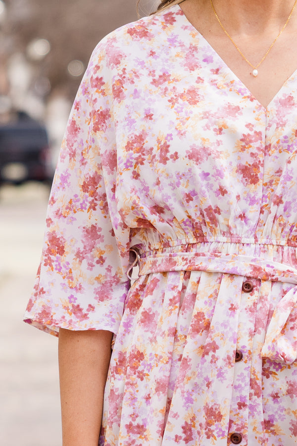 Chic Soul plus size clothing, short sleeve pink floral dress with button detailing and tie around waist