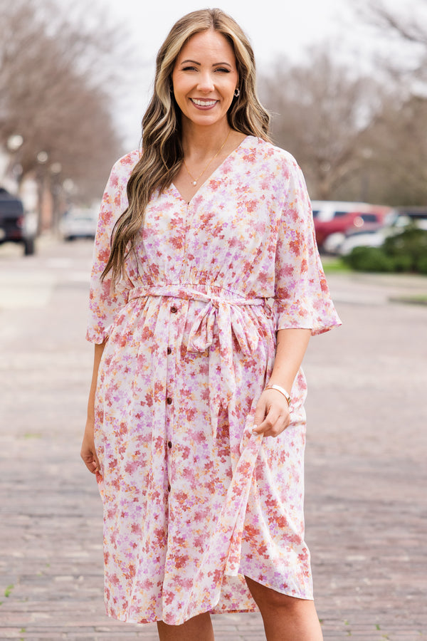 Chic Soul plus size clothing, short sleeve pink floral dress with button detailing and tie around waist