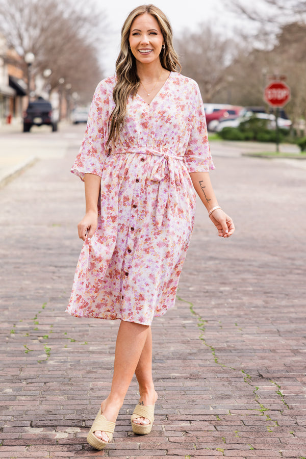 Chic Soul plus size clothing, short sleeve pink floral dress with button detailing and tie around waist