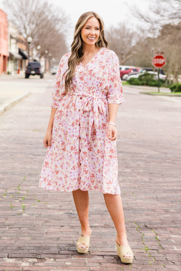 Chic Soul plus size clothing, short sleeve pink floral dress with button detailing and tie around waist
