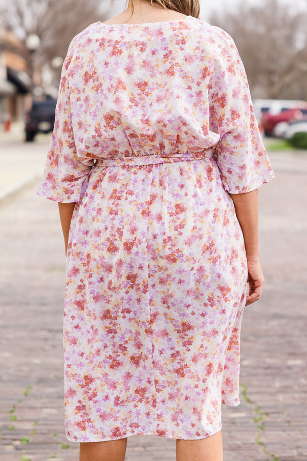 Chic Soul plus size clothing, short sleeve pink floral dress with button detailing and tie around waist