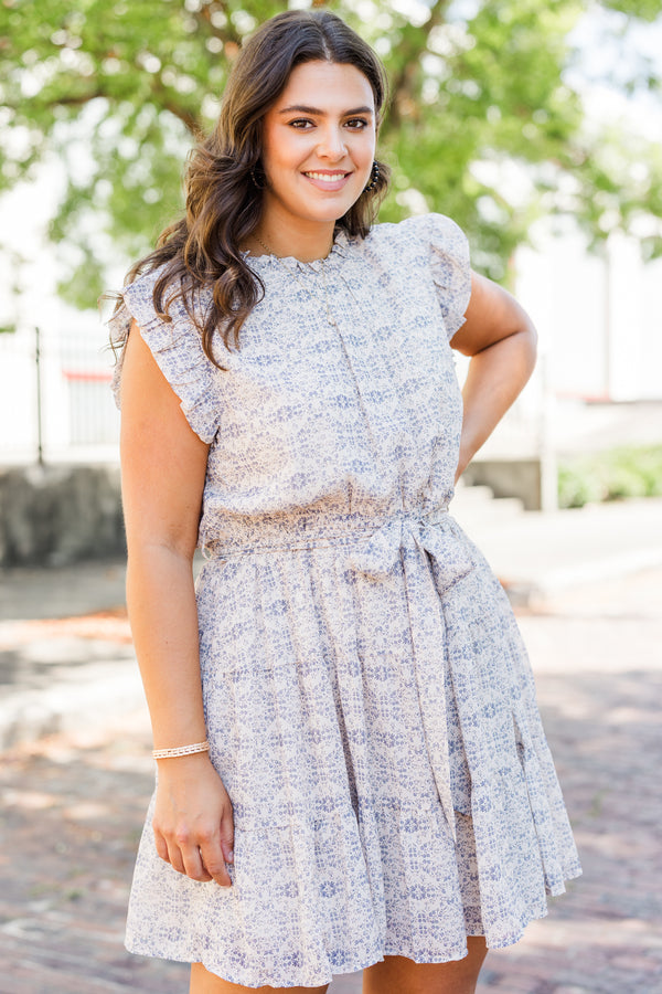 Chic Soul plus size clothing, ivory short sleeve mini dress with purple paisley print with tie waist detail with ruffle sleeves and mock neckline