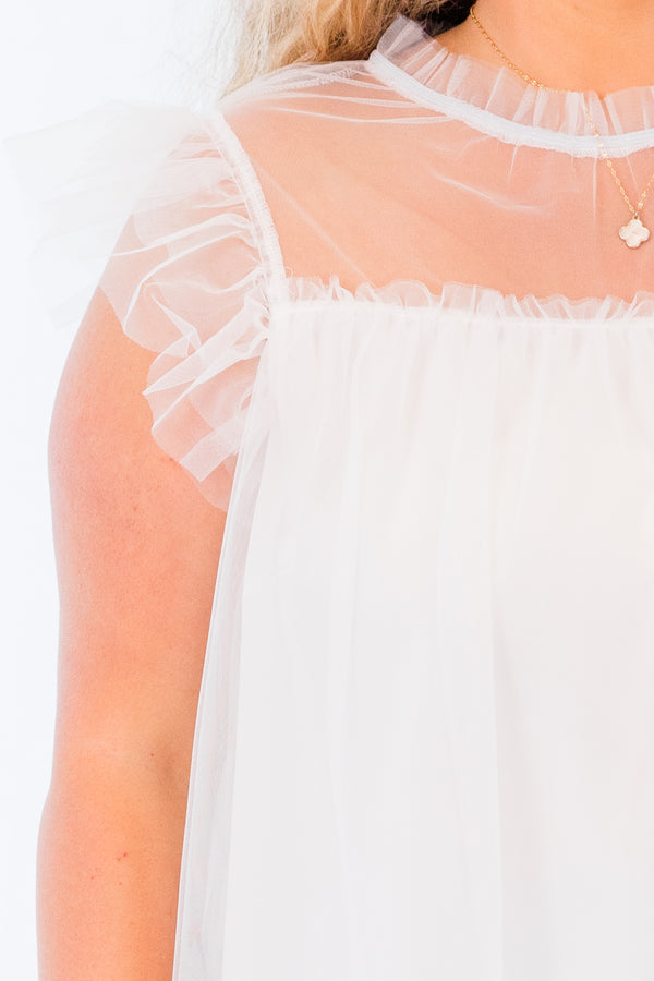 Chic Soul plus size clothing, sleeveless off-white high-smocked-neckline top with tulle layering and tulle sheer detailing on top of bodice and shoulders 
