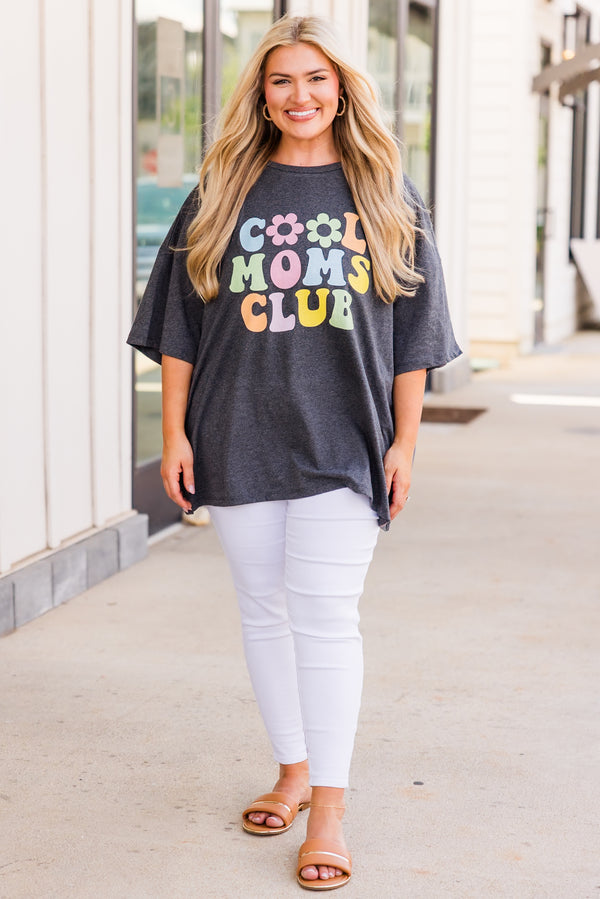 Plus Size charcoal grey oversized boyfriend tee with a colorful Cool Moms Club graphic.