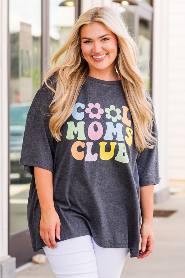 Plus Size charcoal grey oversized boyfriend tee with a colorful Cool Moms Club graphic.
