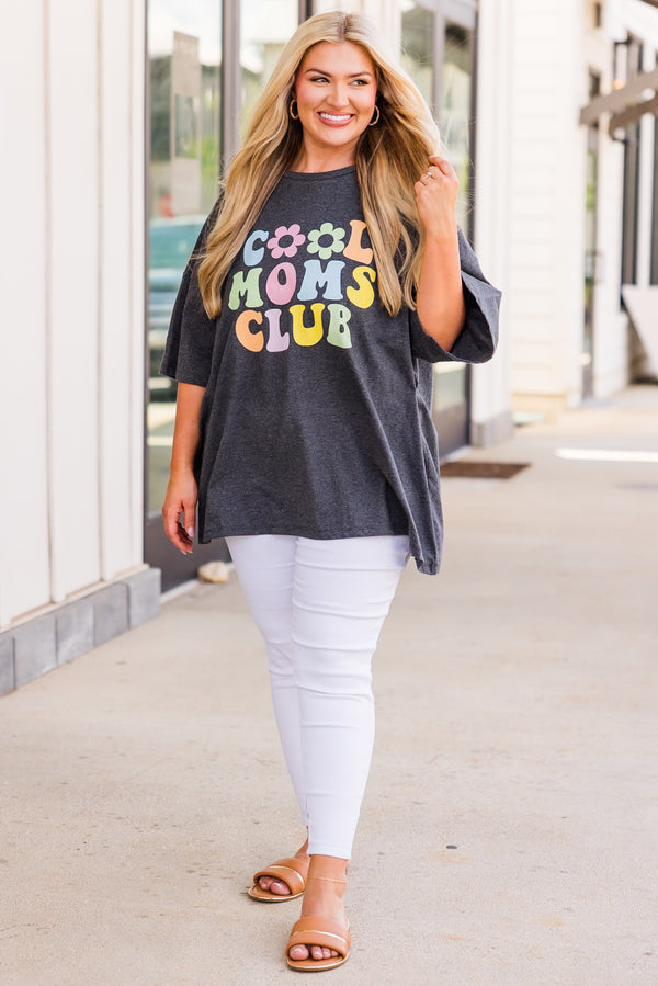 Plus Size charcoal grey oversized boyfriend tee with a colorful Cool Moms Club graphic.