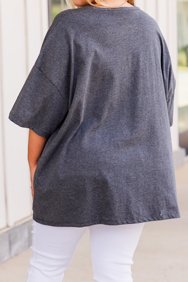 Plus Size charcoal grey oversized boyfriend tee with a colorful Cool Moms Club graphic.