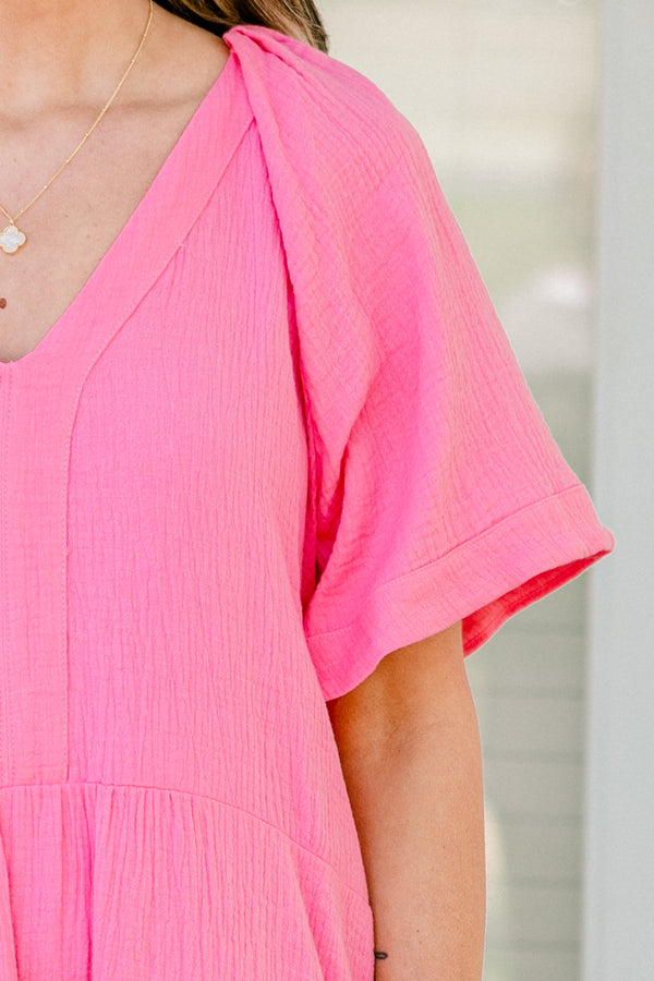 Chic Soul plus size clothing, short-sleeve ruffled oversized baby doll pink dress with a deep-v-neckline 