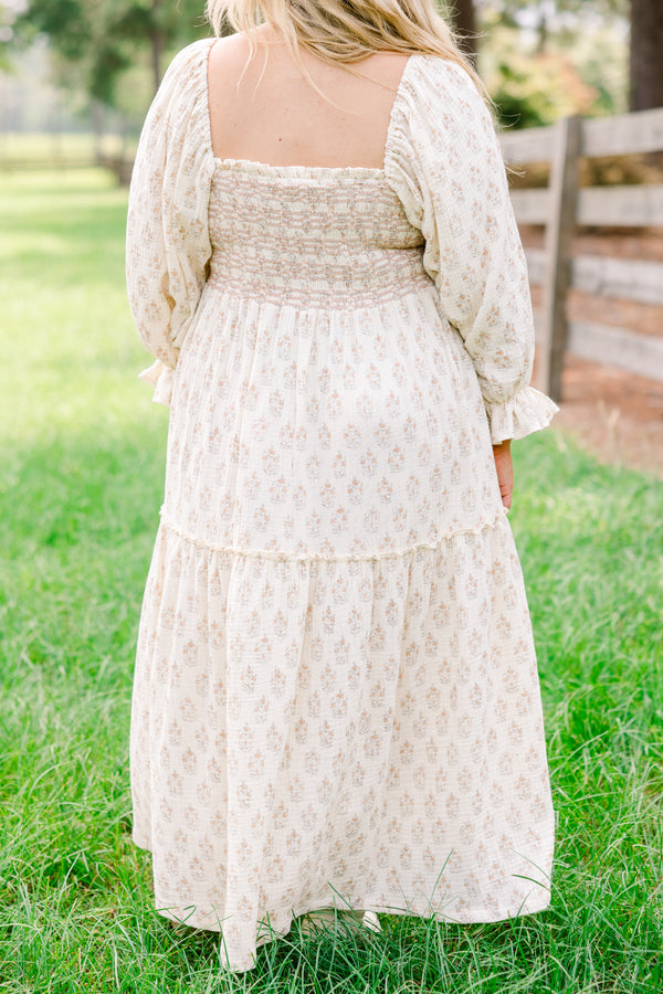 Chic Soul plus size clothing, off-white long sleeve maxi dress with tan floral print and textured chest