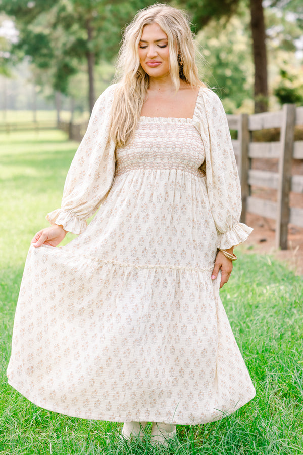 Chic Soul plus size clothing, off-white long sleeve maxi dress with tan floral print and textured chest