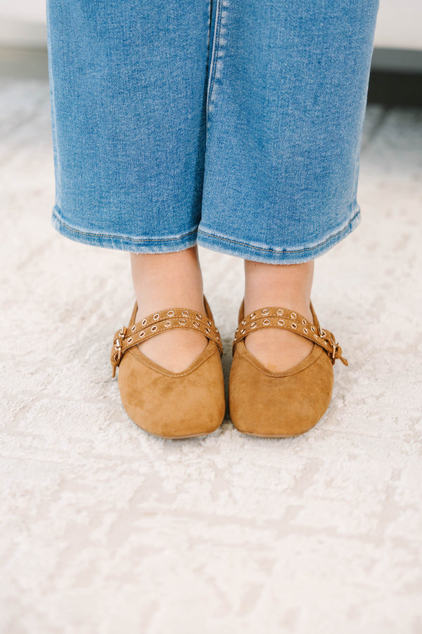 Plus Size camel faux suede pointed-toe flats with double grommet straps and buckle details.