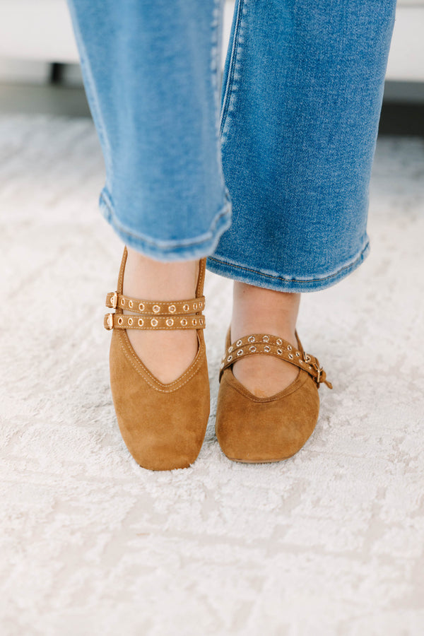 Plus Size camel faux suede pointed-toe flats with double grommet straps and buckle details.