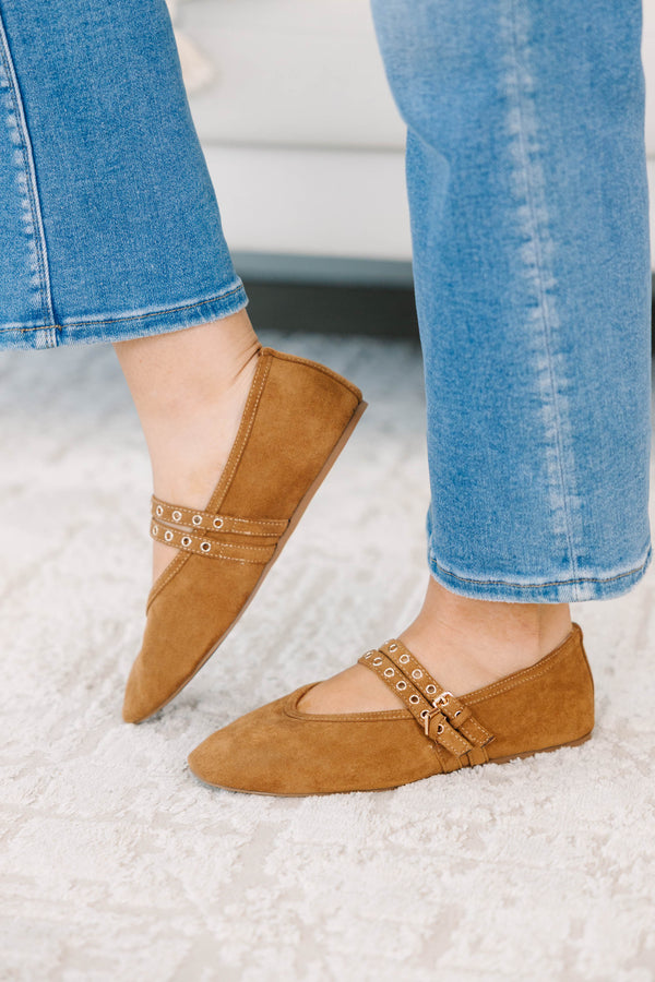 Plus Size camel faux suede pointed-toe flats with double grommet straps and buckle details.