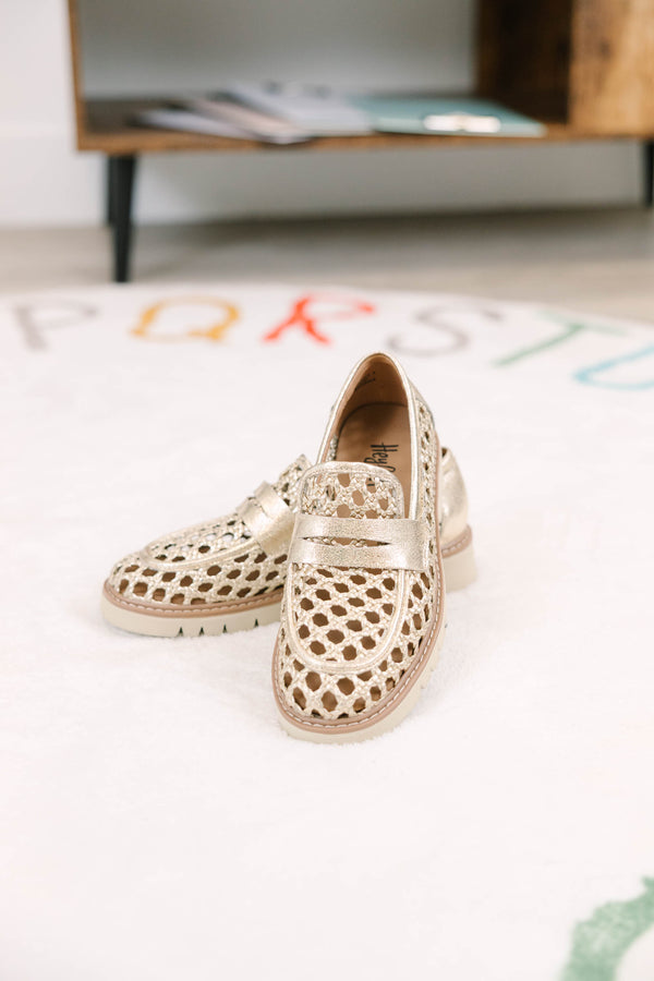 Plus Size gold woven loafers with a metallic finish, penny strap, and platform lug sole.