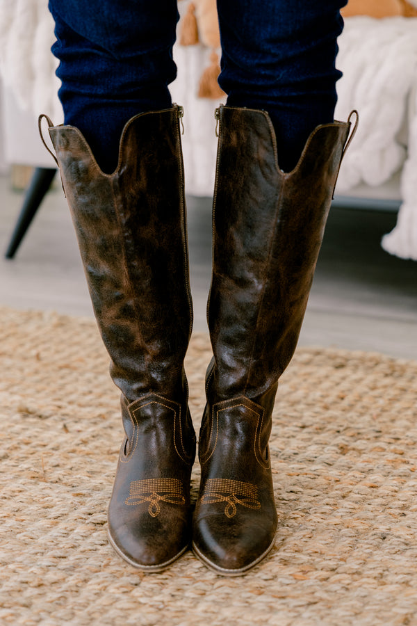 Chic Soul plus size clothing, dark brown knee high pointed toe cowboy boots