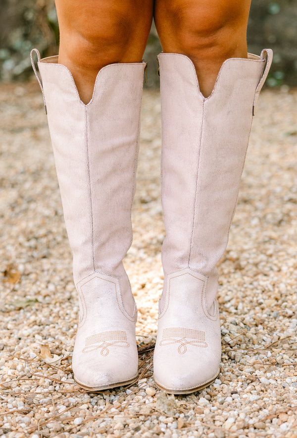 Chic Soul plus size clothing, ivory knee high pointed toe cowboy boots