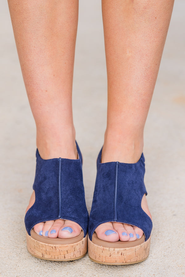 Chic Soul plus size clothing, navy chunky wedge heels with cork heel and navy open toed faux suede design 