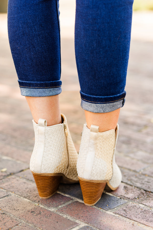 Chic Soul plus size clothing, light gold woven ankle boots with a brown heel and a zipper on the side 
