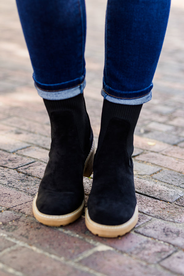 Chic Soul plus size clothing, black slim-fitting chelsea ankle boots with brown heel detailing 