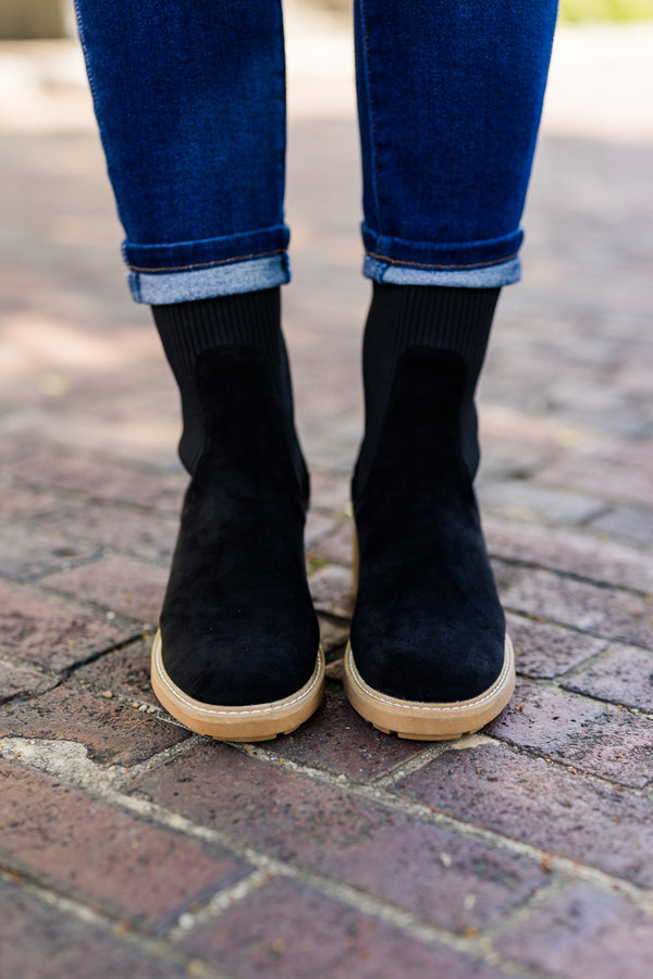 Chic Soul plus size clothing, black slim-fitting chelsea ankle boots with brown heel detailing 