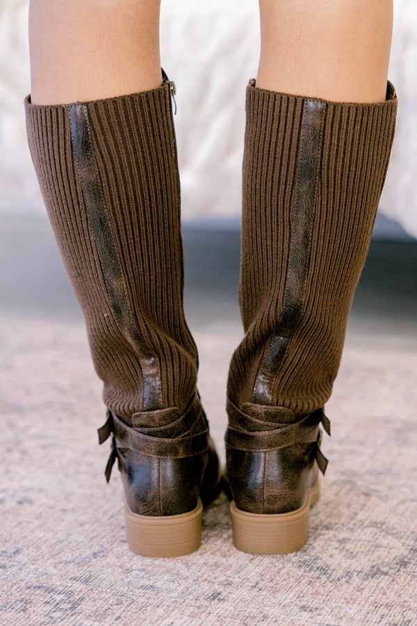Chic Soul plus size clothing, dark brown round toe tall riding style boots with 2 straps and buckles across the ankle