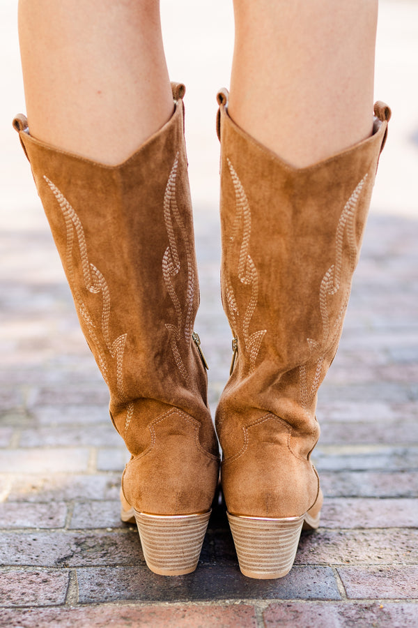 Chic Soul plus size clothing, tobacco tan suede calf height cowboy boots with pointed toe and white stitching with wood block heel with zipper on the side