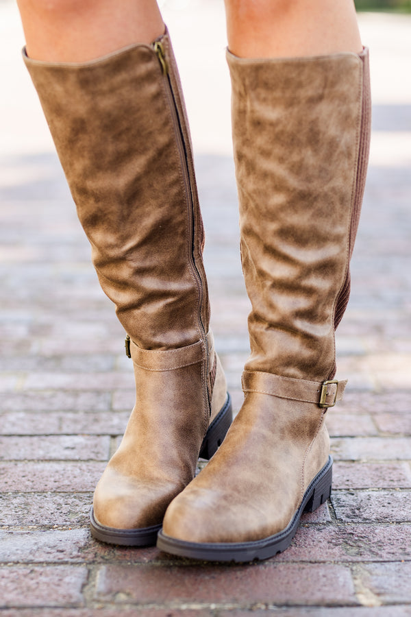 Chic Soul plus size clothing, tan tall acid washed tan boots with zipper on side with brown fabric along backside with rounded toe and slight heel
