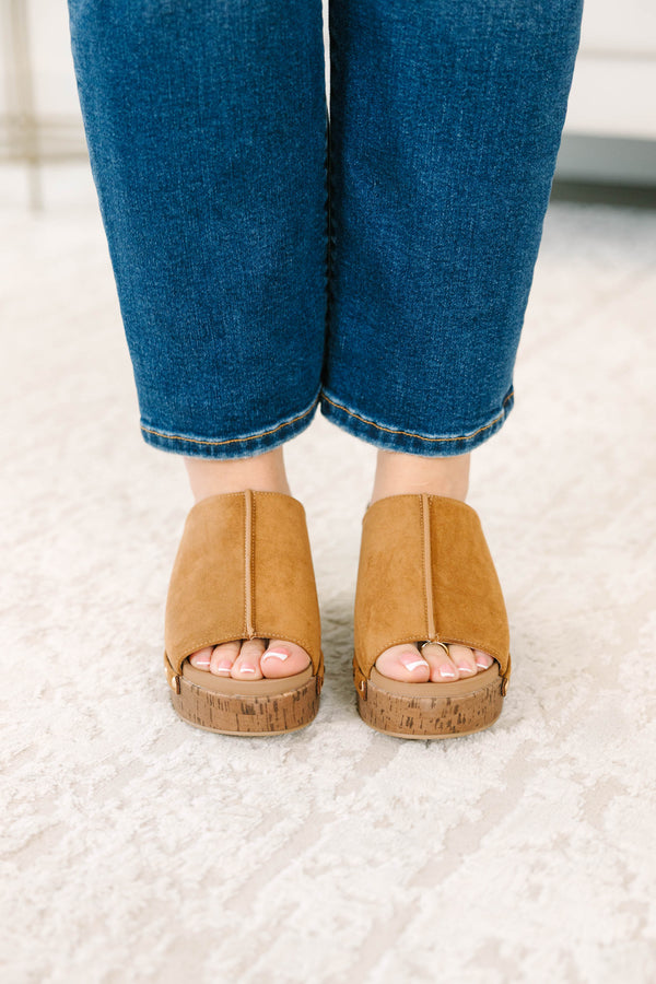 Plus Size camel open-toe mule heels with a cork platform, studded trim, and center-seam detail.