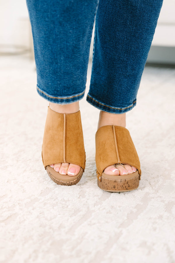 Plus Size camel open-toe mule heels with a cork platform, studded trim, and center-seam detail.